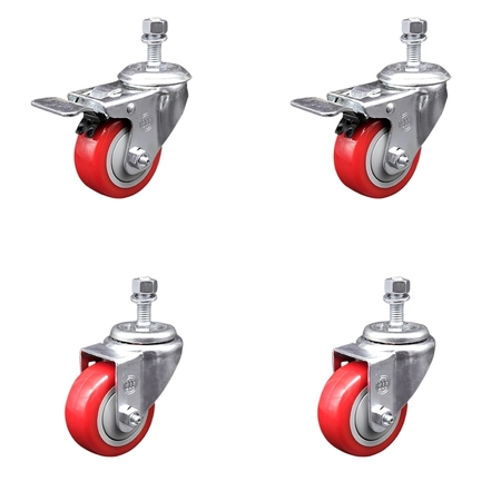 SERVICE CASTER 3 Inch Red Polyurethane Wheel Swivel ½ Inch Stem Caster Total Lock Brake, 2PK SCC-TSTTL20S314-PPUB-RED-121315-2-S2